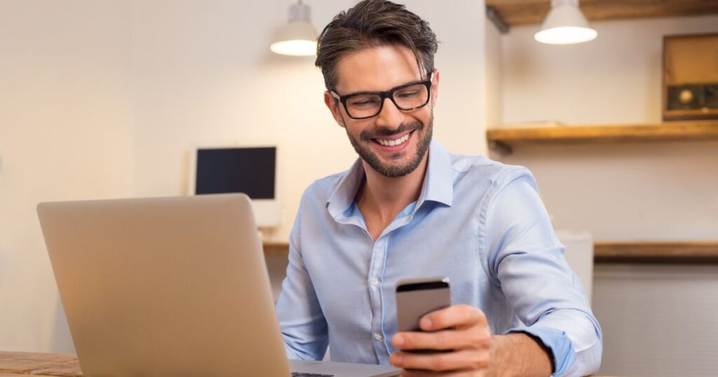 boy math logic happy man looking at phone 